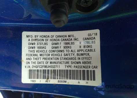 2018 Honda Civic Ex from USA, damaged, VIN 2HGFC2F86JH552711